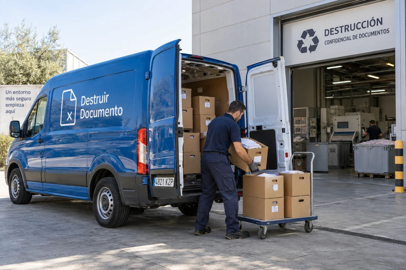 Furgoneta azul con el logo de Destruir Documento en el lateral y un operario descargando cajas de documentos para triturar