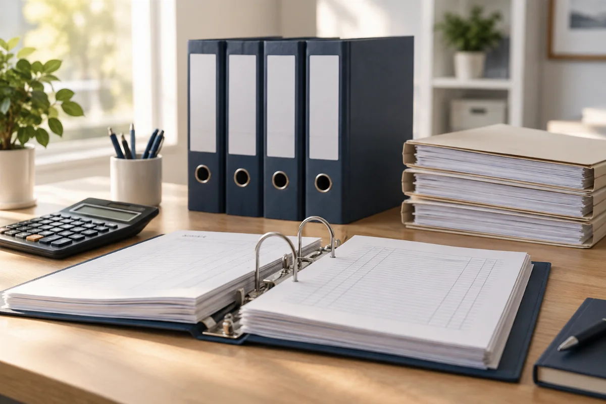 Mesa de gestoría con calculadora y carpetas de documentación